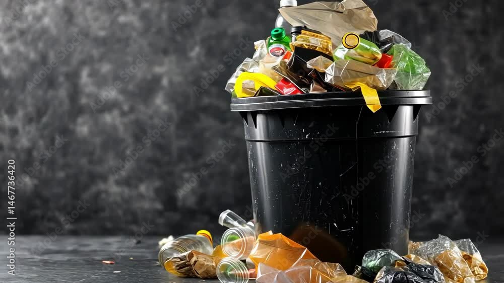Overflowing trash bin with unsorted garbage