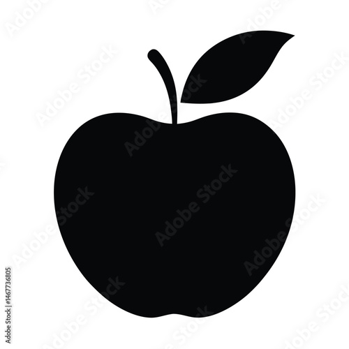 Symmetrical solid black apple silhouette presents a minimalist botanical fruit in isolation