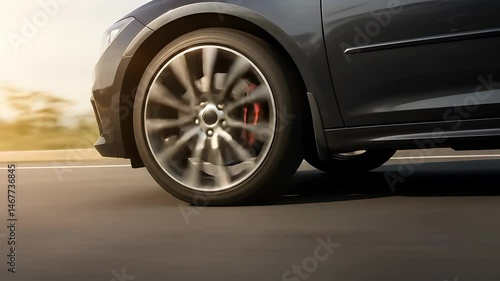 Spinning back tire of speeding sports car