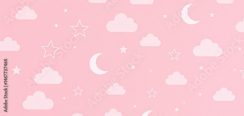Sweet pink seamless pattern featuring clouds, moon, and stars Ideal for baby fabric, infant, space