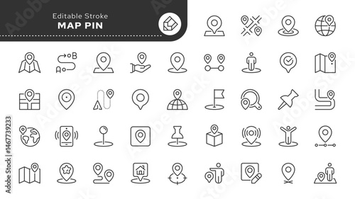 Map pin line icon set. Location, push pin, map marker, geolocation, route, flag, position, gps, address and more. Outline vector icon in linear style. Series of pictograms.	