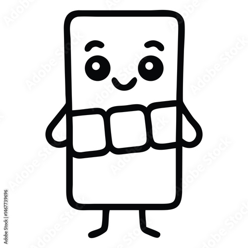 Happy rectangle outline character stands smiling with small arms and legs in format