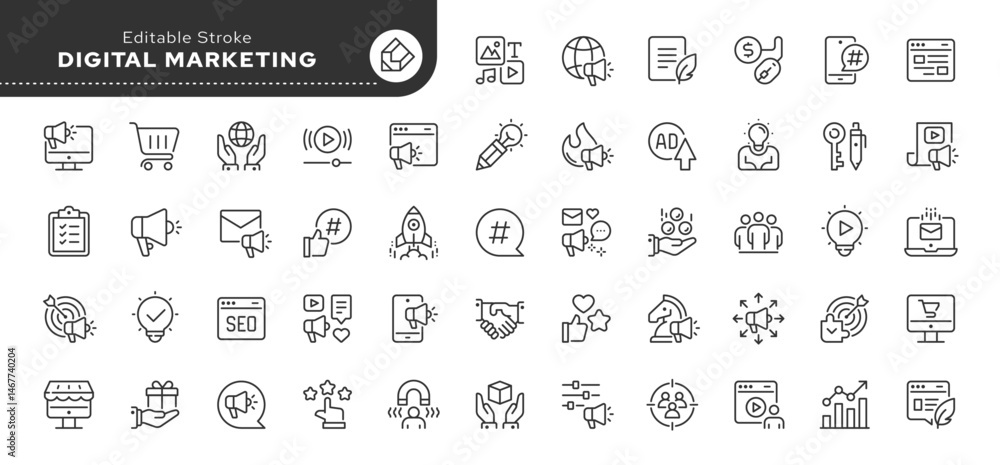 Digital marketing line icon set. Marketing, advertisement, communication, content, seo, product, blog, promotion and more. Outline vector icon in linear style. Series of pictograms.	