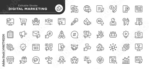 Digital marketing line icon set. Marketing, advertisement, communication, content, seo, product, blog, promotion and more. Outline vector icon in linear style. Series of pictograms.	