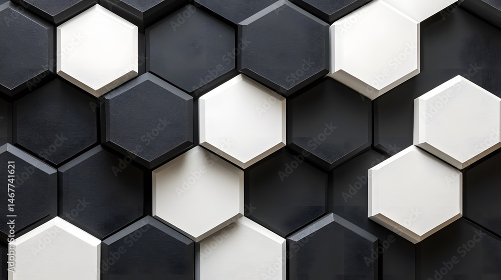 3D render of a black and white geometric pattern composed of interlocking hexagonal shapes. 3D render of a black and white geometric pattern composed of interlocking hexagonal shapes.