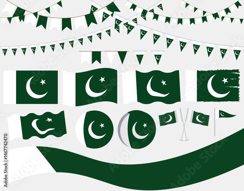 Pakistan Flag Vector Set with Bunting Banners, Waving Flags, Round Icons, and Brush Stroke Elements Ideal for National Day Designs, Posts, Banners