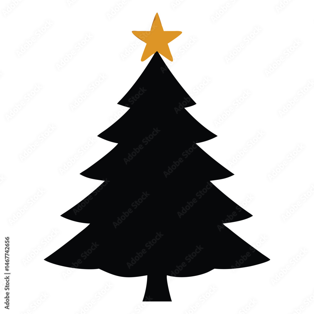 Isolated silhouette of a Christmas tree is topped with a golden star icon Isolated silhouette of a Christmas tree is topped with a golden star icon