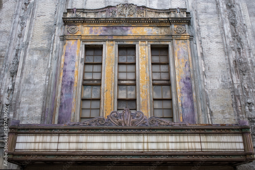 Obraz premium Old weathered theater marquee and windows showing decaying facade