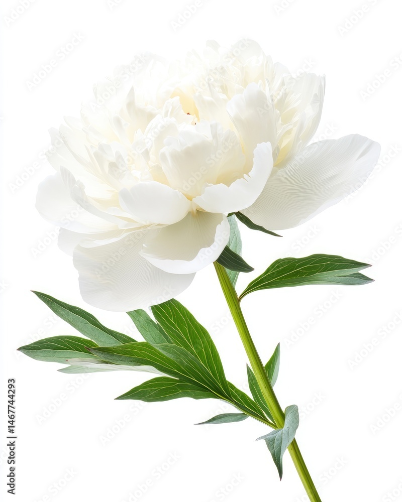 Obraz premium Elegant single white peony blossom with green leaves
