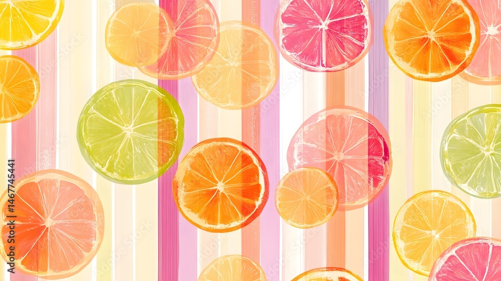 Digital illustration of orange and lime slices arranged on a striped background. Digital illustration of orange and lime slices arranged on a striped background.