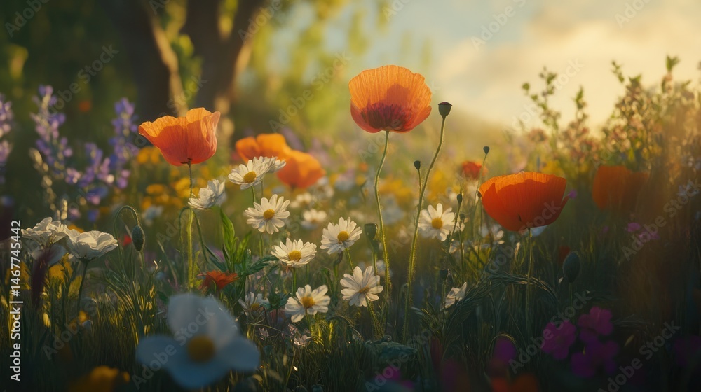 Obraz premium Wildflowers field at sunset