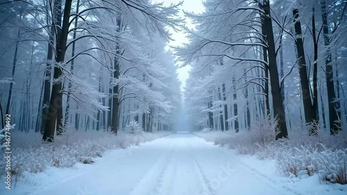Serene Winter Wonderland Path A snow covered road winds through a magical frosty forest showcasing picturesque winter trees and breathtaking scenery