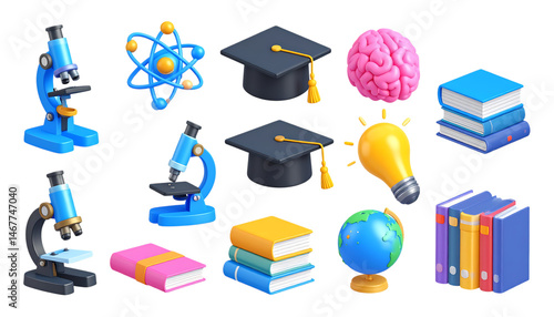 School and education icons 3d render  set. School bag, globe, open book, brush, pencil, pen, graduation hat, glasses book, brush, classroom, college, creativity, education, globe, grad,