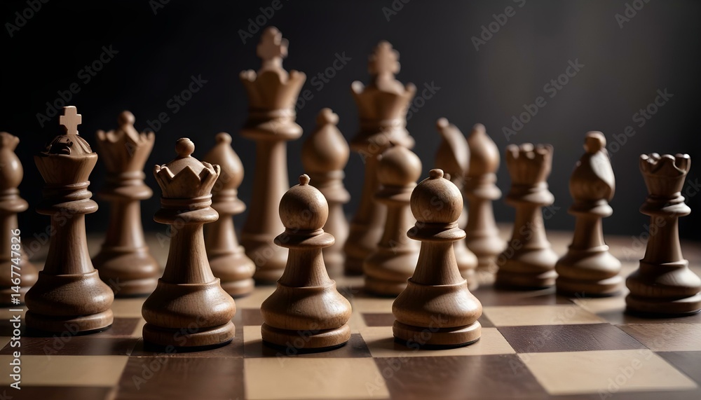 An engaging close-up of chess pieces arranged on a chessboard, ready for a game. An engaging close-up of chess pieces arranged on a chessboard, ready for a game.