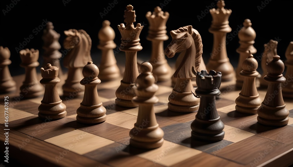 A detailed view of a chess game on a wooden board, emphasizing strategic elements. A detailed view of a chess game on a wooden board, emphasizing strategic elements.