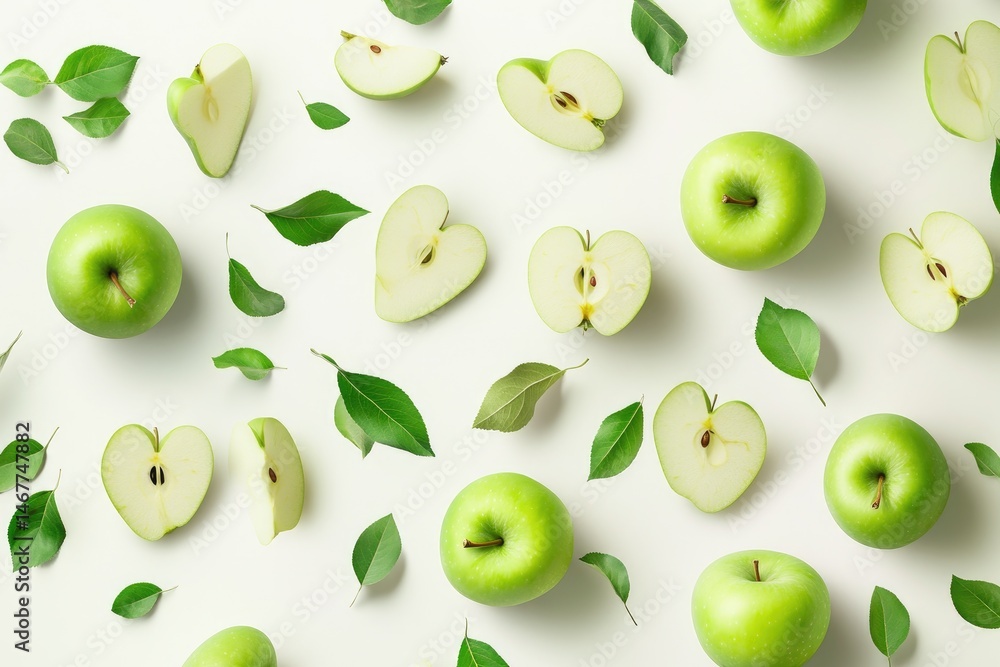 Green apples and leaves arranged in a pattern Green apples and leaves arranged in a pattern