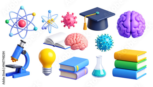 School and education icons 3d render  set. School bag, globe, open book, brush, pencil, pen, graduation hat, glasses book, brush, classroom, college, creativity, education, globe, grad,