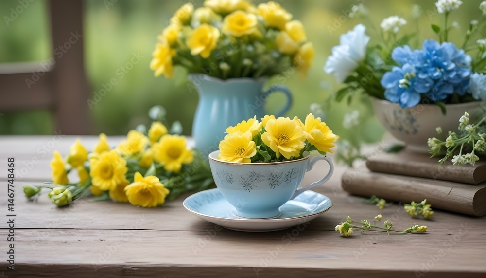 A delightful display of yellow and blue flowers in antique cups and vases on a wooden table. A delightful display of yellow and blue flowers in antique cups and vases on a wooden table.