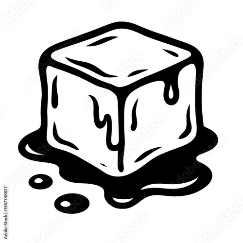 Black Outline Melting Ice Cube. Graphic Element Vector Icon Representing Drinks, Cold, or Transition.