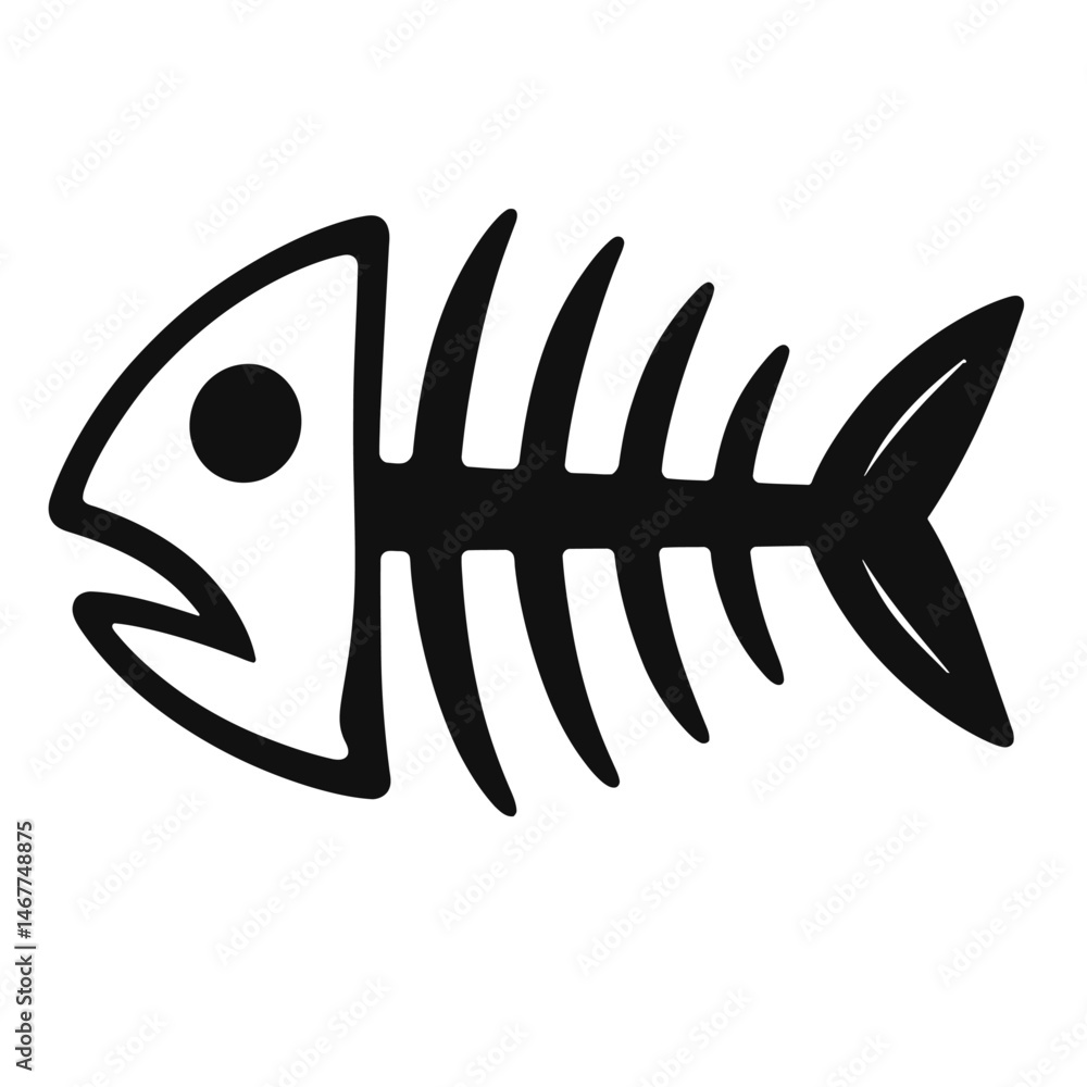 Black Silhouette Simple Fish Skeleton. Graphic Element Vector Icon Representing Science, Biology, or Marine Life. Black Silhouette Simple Fish Skeleton. Graphic Element Vector Icon Representing Science, Biology, or Marine Life.