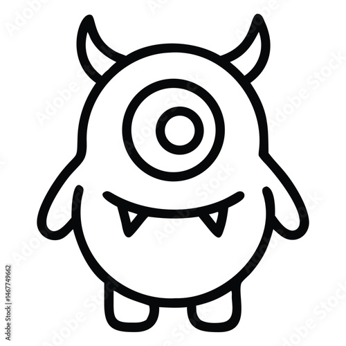 Outlined one eyed cyclops monster with horns shows two sharp teeth