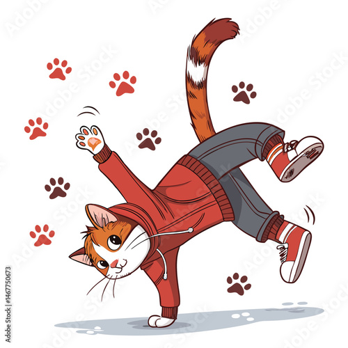 A playful Abyssinian boy cat, perfectly balanced in a headstand yoga pose, with playful paws extended, frozen mid-action against a white background.