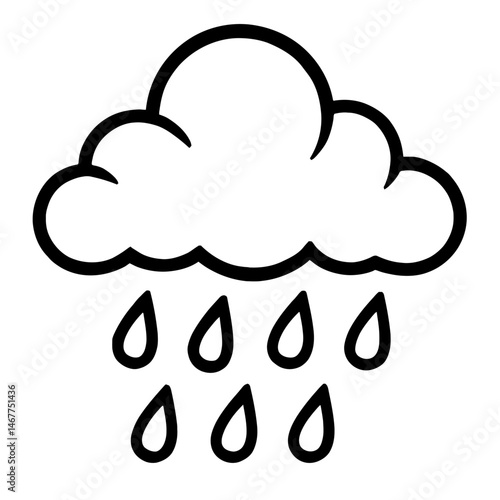 Black Outline Rain Cloud with Drops. Graphic Element Vector Icon Symbolizing Weather, Rain, Water, or Environment.