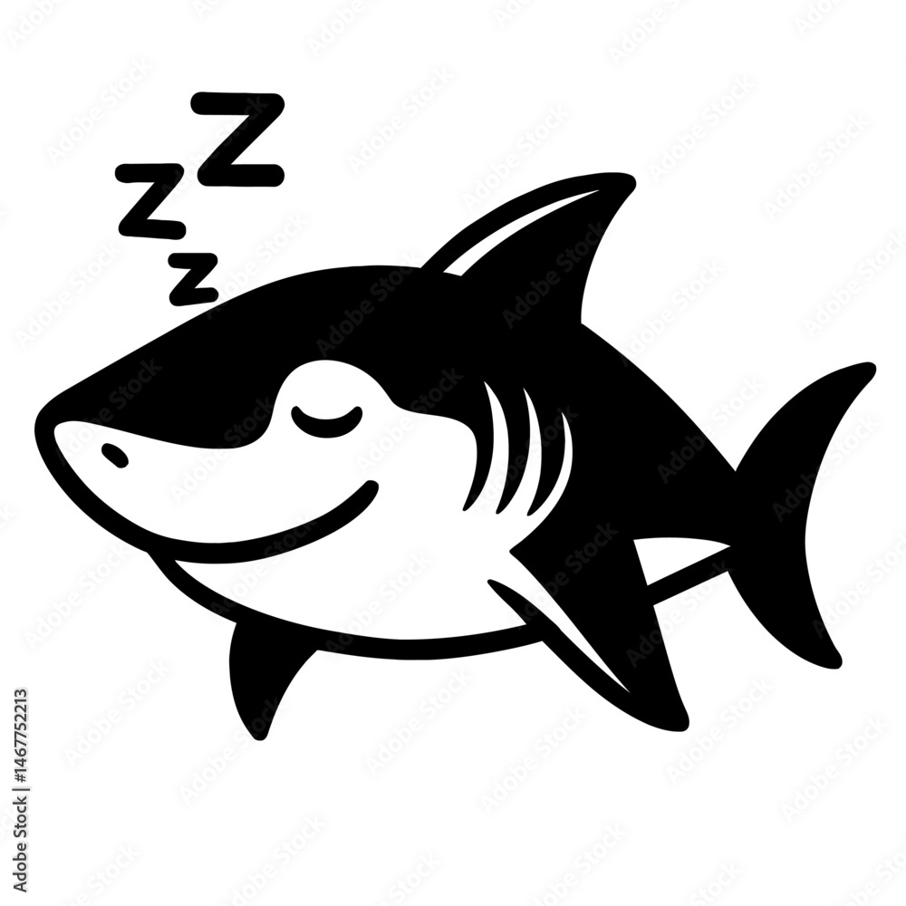 Fototapeta premium Black Silhouette Sleeping Cartoon Shark. Animal Graphic Element Vector Icon Symbolizing Rest or Marine Life.