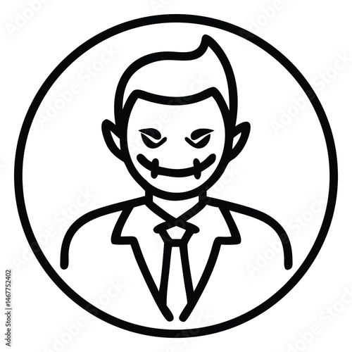 Scary vampire icon with dark hair and closed eyes wears a business suit