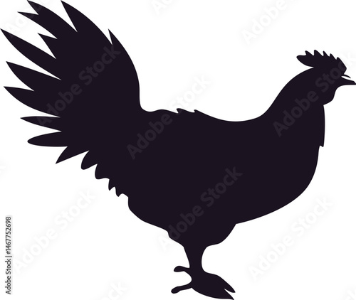 Black and white silhouette of a rooster standing in profile. Vector illustration for barn decor, cut files, and farmhouse designs."