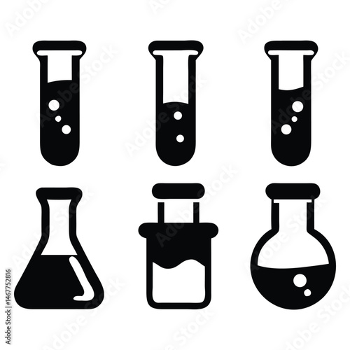 Science laboratory glassware icons show different forms of chemistry flasks, beakers and test tubes
