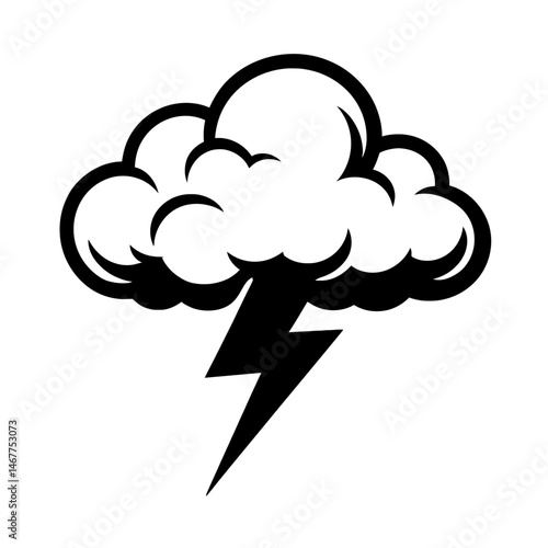 Black Outline Storm Cloud with Lightning Bolt. Graphic Element Vector Icon Symbolizing Weather, Power, Danger, or Idea.