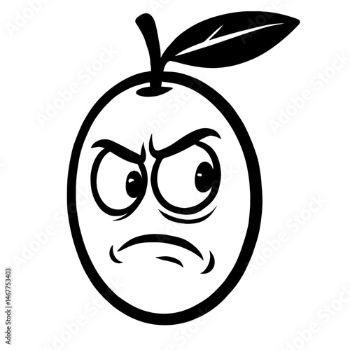 Black Outline Angry Grumpy Fruit Cartoon Character. Graphic Element Vector Icon Representing Sourness or Negative Emotion.