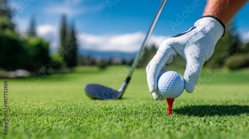 Close-Up of Hand Placing Golf Ball on Red Tee at Sunny Course