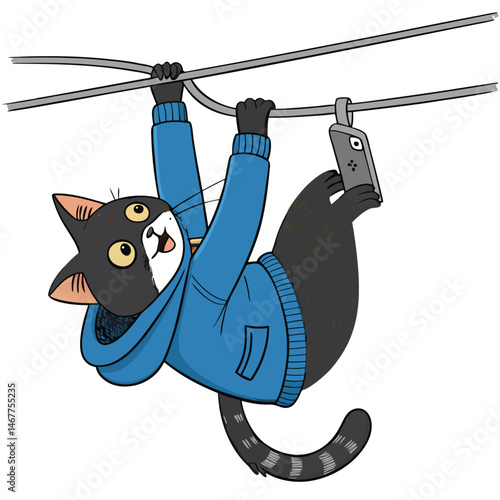 A playful cat, defying gravity, hangs upside down from power lines, its playful demeanor contrasting with the potentially hazardous situation.  Include a subtle PH symbol somewhere in the image.
