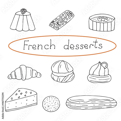 French desserts set, hand drawing, vector illustration