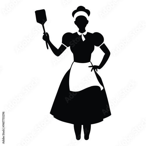 Silhouette shows African American woman wearing apron holding spatula in her hand