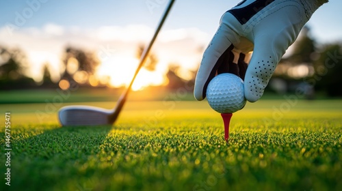 Hand Placing Golf Ball on Tee Under Sunset on Golf Course Green
