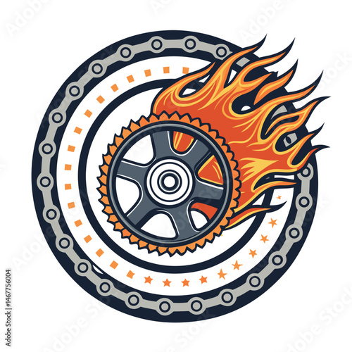 A fiery chain link wheel spins rapidly, sparks and flames erupting from its links.  Intense heat and motion are depicted.