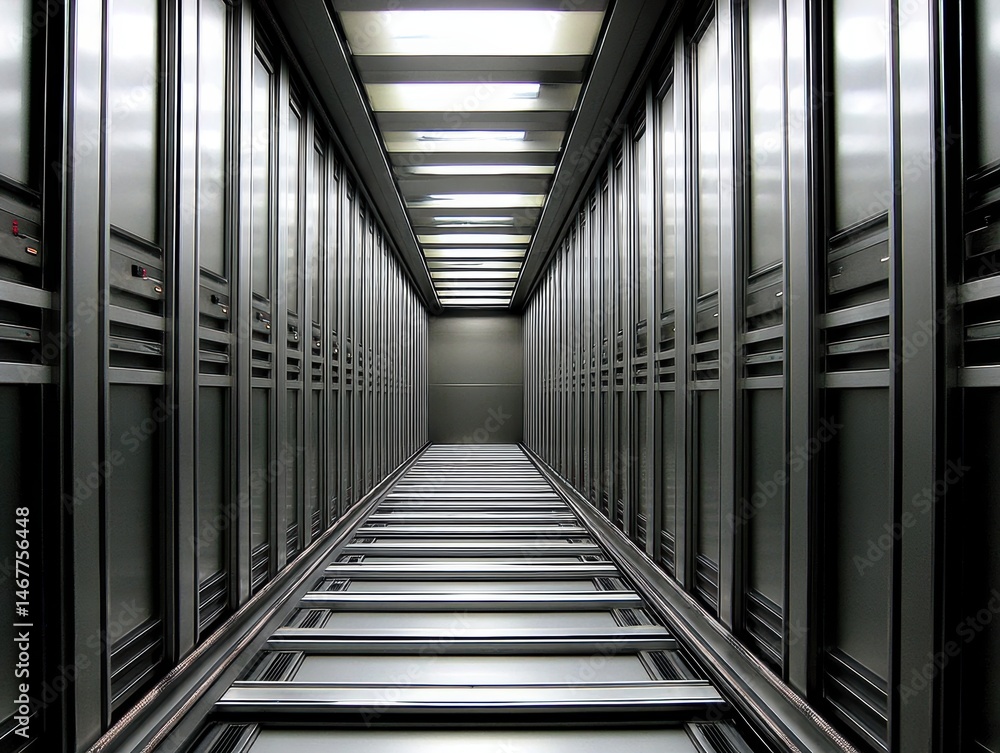 A modern, metallic server room corridor with rows of server racks and bright overhead lighting. A modern, metallic server room corridor with rows of server racks and bright overhead lighting.