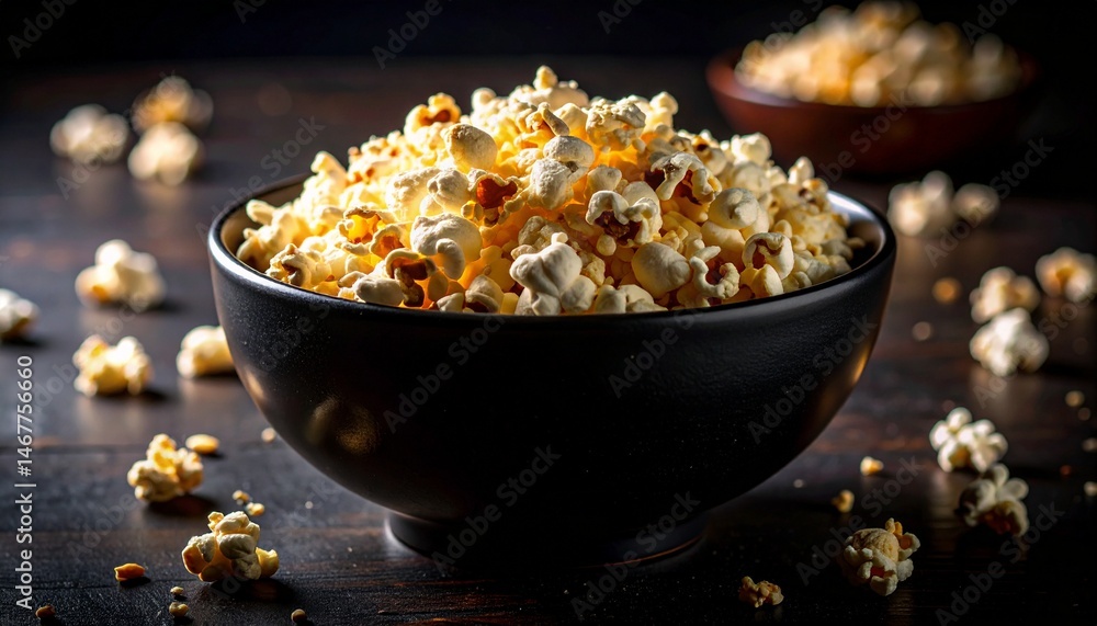 Palomitas de maíz con mantequilla en un recipiente oscuro sobre fondo negro; puntos de enfoque selectivos; movimiento borroso Palomitas de maíz con mantequilla en un recipiente oscuro sobre fondo negro; puntos de enfoque selectivos; movimiento borroso