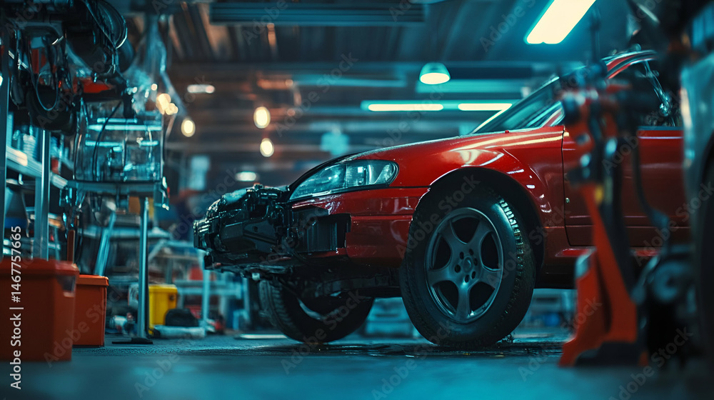 Fototapeta premium Red Car in Auto Repair Garage with Accident Damage