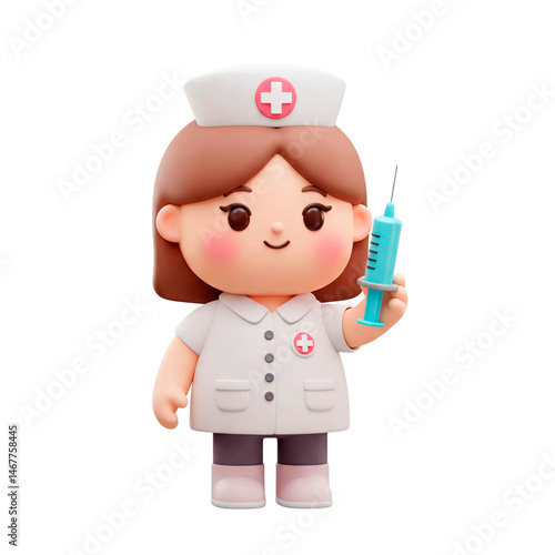 Cute 3D Nurse with Cap Holding Syringe, Symbolizing Vaccination in White Uniform, Adorable Healthcare Illustration