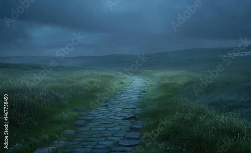 Wallpaper Mural Misty, stone path through grassy moorland under stormy sky.  A long, paved walkway winds through a field of tall grass, bathed in muted light beneath a dramatic sky of dark gray clouds Torontodigital.ca