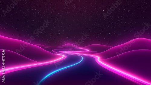 Neon road through hills at night
