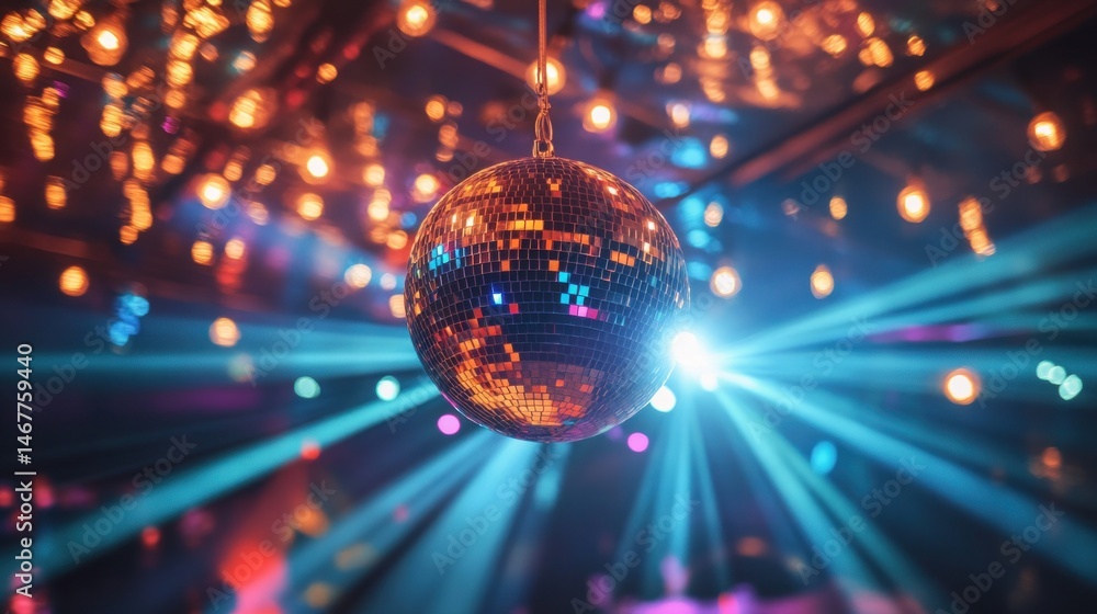 Disco ball in a vibrant nightclub environment, with colorful spotlights and warm lighting. Disco ball in a vibrant nightclub environment, with colorful spotlights and warm lighting.