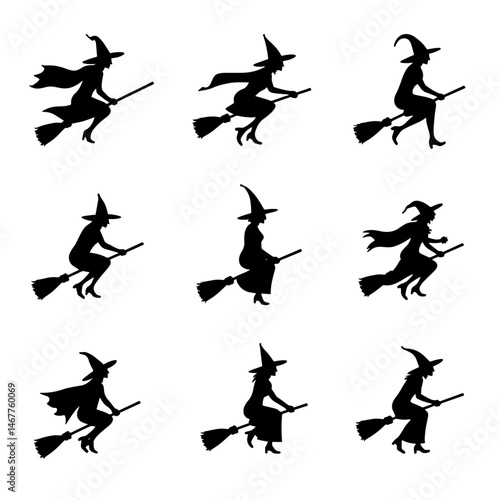 Black silhouette of a witch riding a broom isolated on white background