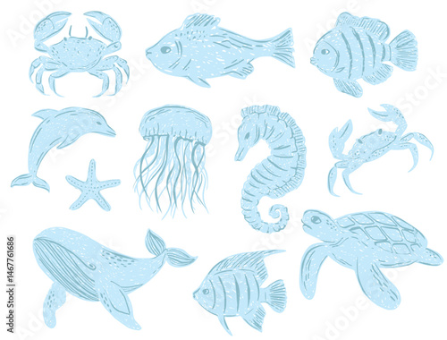 Whimsical hand-drawn crayon seafood sketches featuring vintage fish, shrimp, seashells, and squid in doodle style
