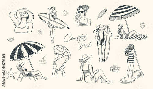 Whimsical hand-drawn beach scene featuring women enjoying the sun with umbrellas