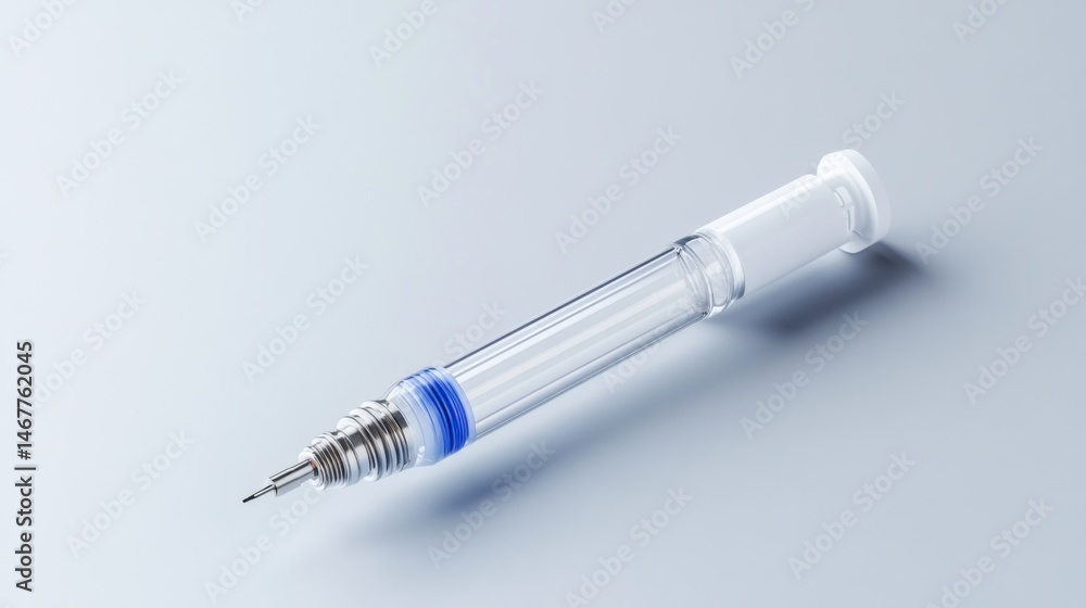 Fototapeta premium Clear Syringe with Blue Accents on Soft Grey Background for Medical Use